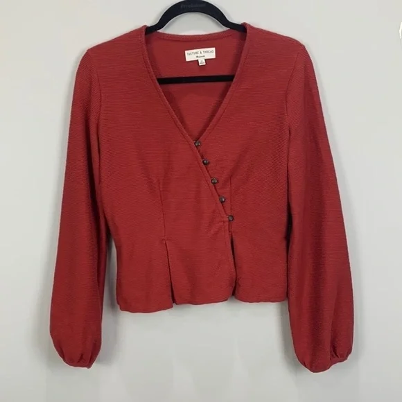 Madewell Texture & Thread Button Wrap Top- Burnt Orange - Picture 2 of 11